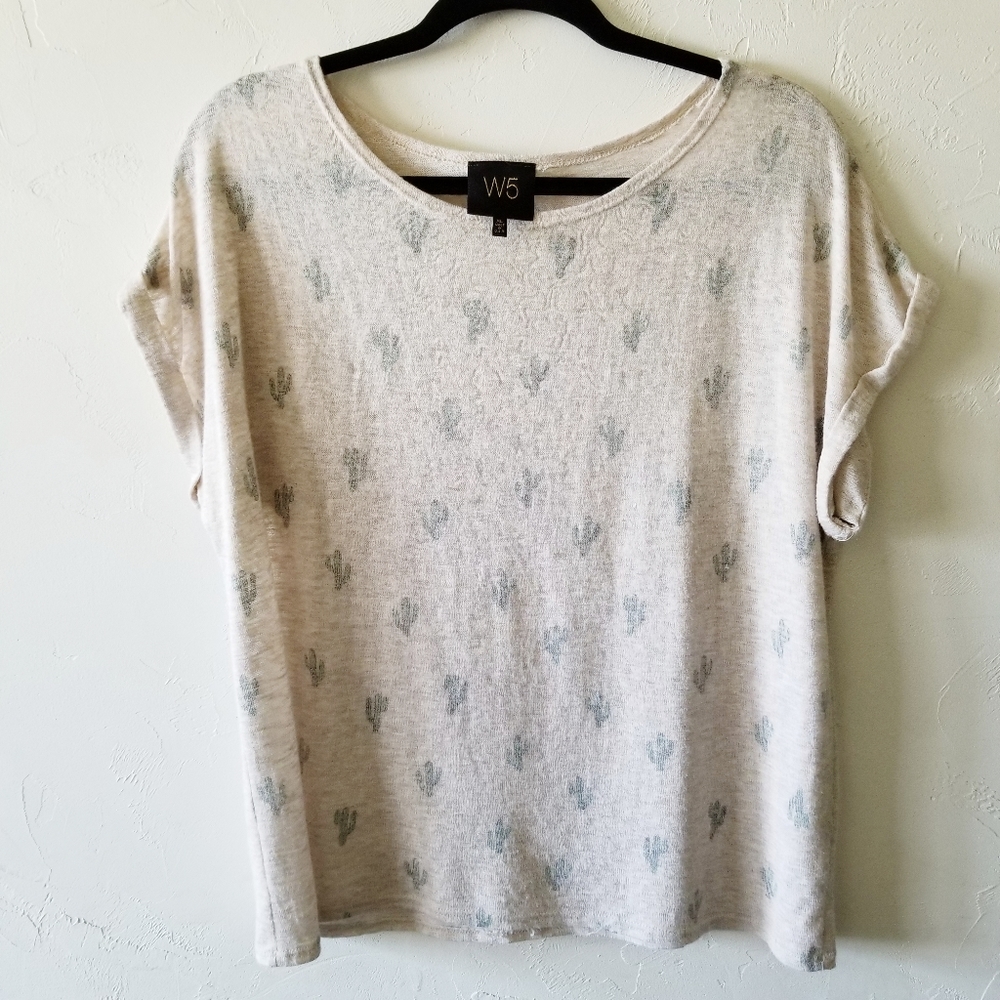 W5 Cactus Print Cuffed Short Sleeve Knit Blouse Shirt Tee Size XL Minimalist